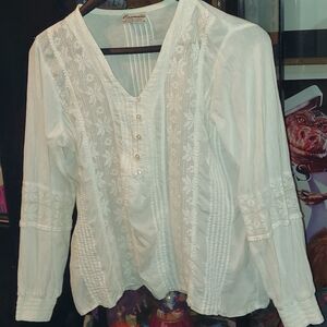 XL White Casual Crochet-Trim Women's Blouse by Caamana